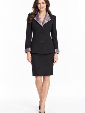 Le Suit Essentials 2-Piece Skirt Suit Set Black Iridescent Metallic Collar Size